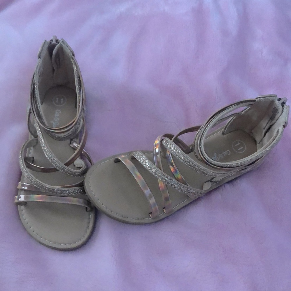 Gold sparkle and iridescent gladiator sandals